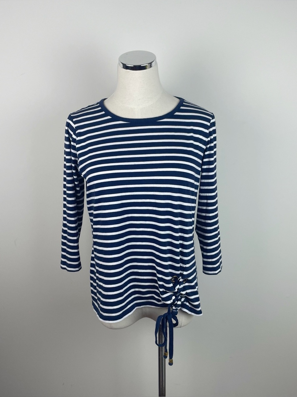 Michael Kors Navy Blue White Stripe Top Gold Buckle Women Large Casual